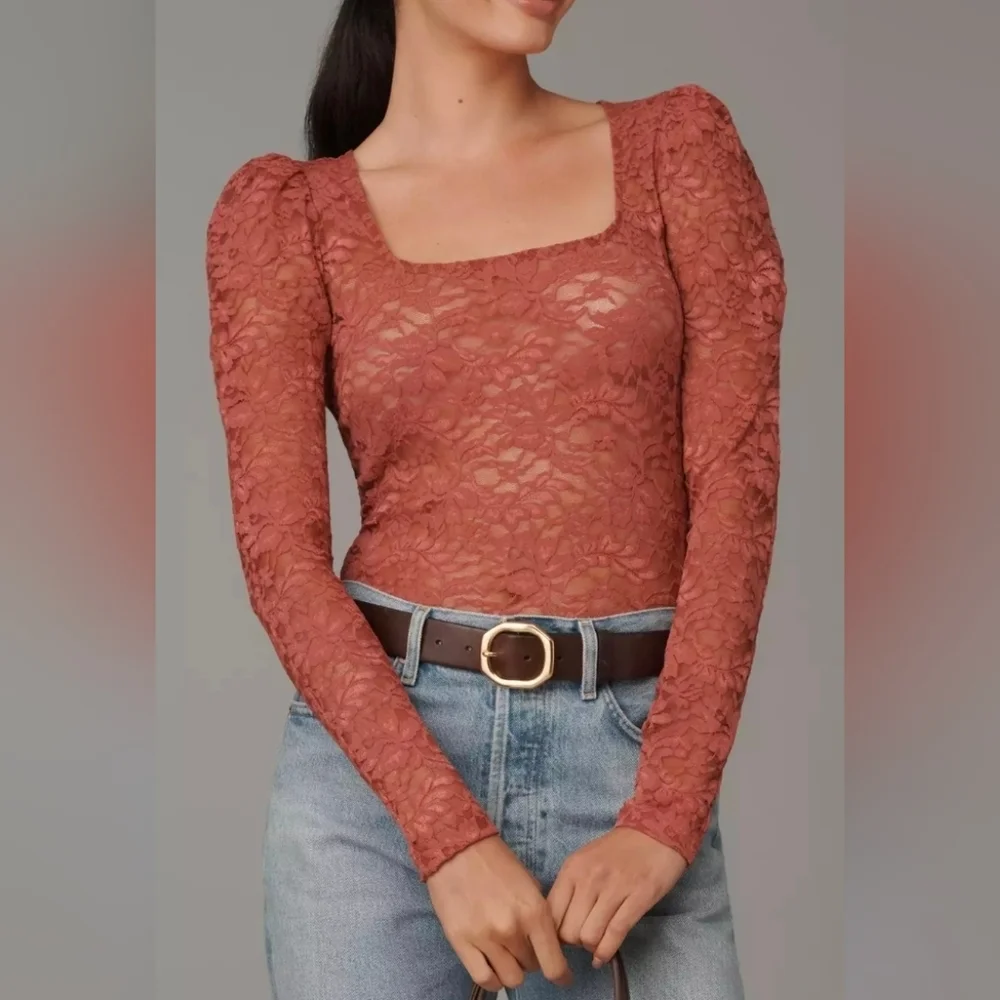 Anthropologie Puff-Sleeve Sheer Lace Top Dusty Pink